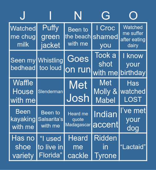 Josh Jingo Bingo Card
