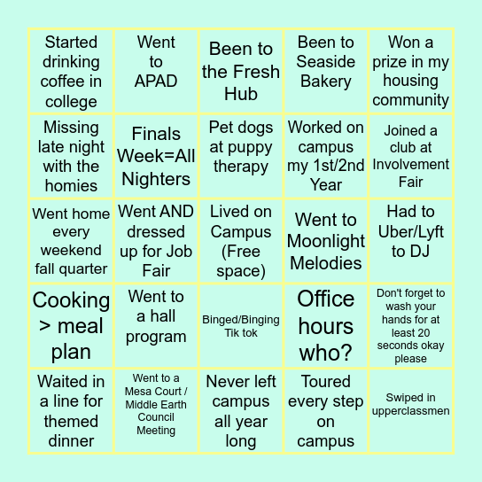 First / Second Year bingo Card