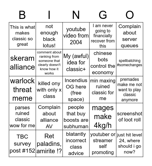 r/classicwow Bingo Card