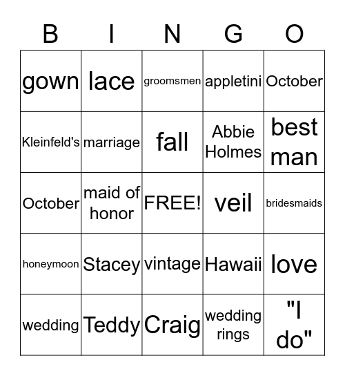 Stacey's Bridal Shower Bingo Card