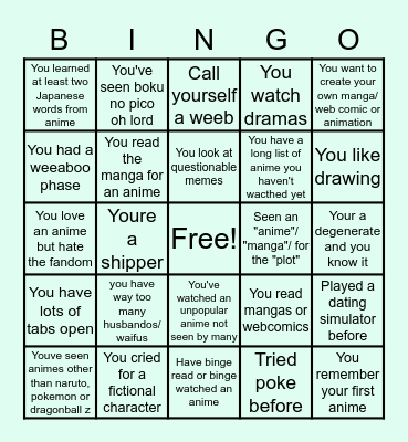 WEEB BINGO Card