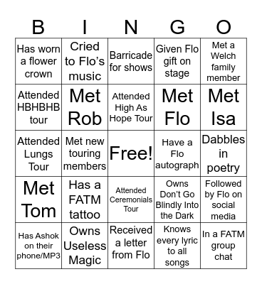 Florence + The Machine Bingo Card