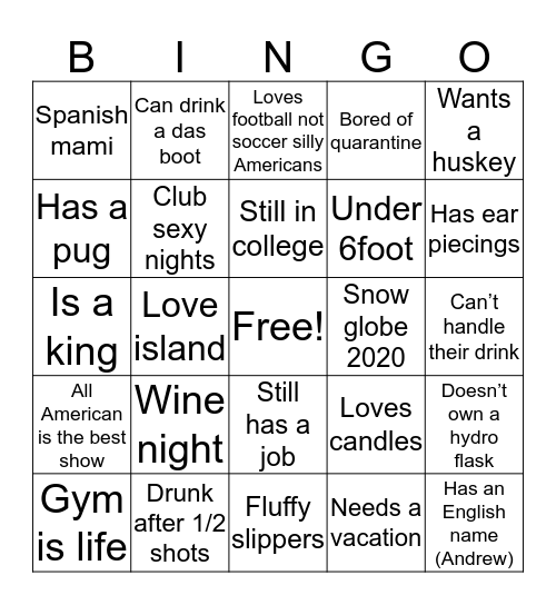 English bingo Card