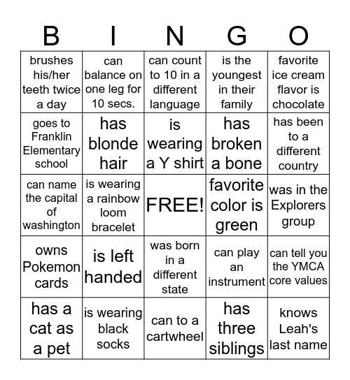 YMCA BINGO Card