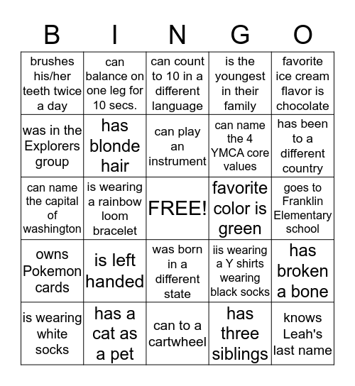 YMCA BINGO Card