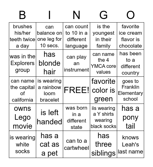 YMCA BINGO Card