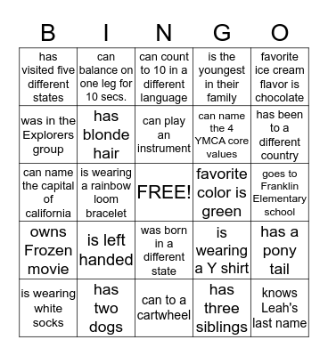 YMCA BINGO Card