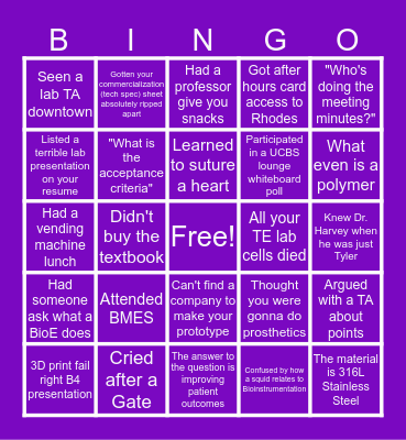 *Unofficial* CU Bioengineering Bingo Card