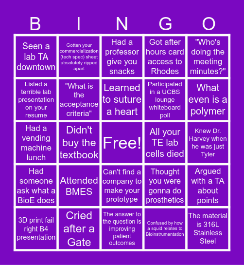 *Unofficial* CU Bioengineering Bingo Card