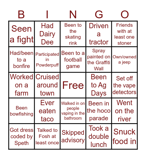 Mount Carmel Bingo Card