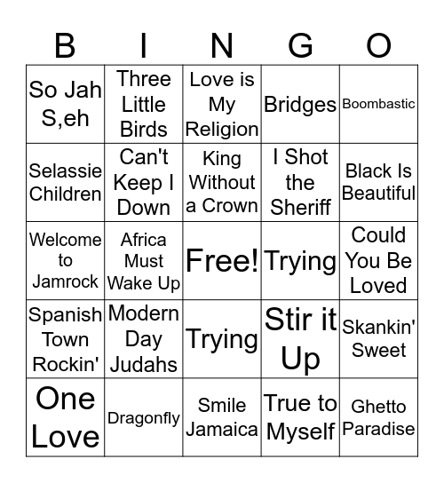 Reggae Bingo Card