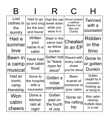 CAMP BIRCH HILL BINGO Card
