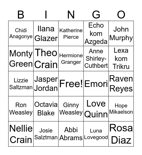 Steph's Favorite Characters Bingo Card
