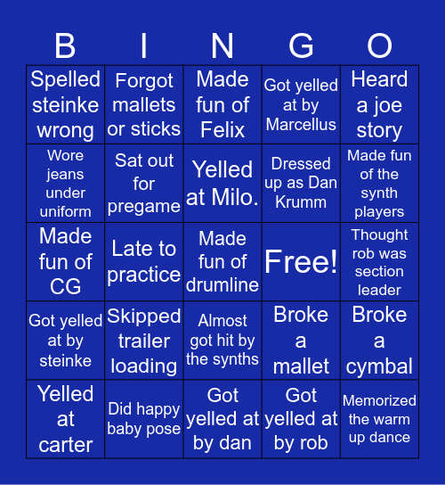 Drumline/frontline Bingo Card