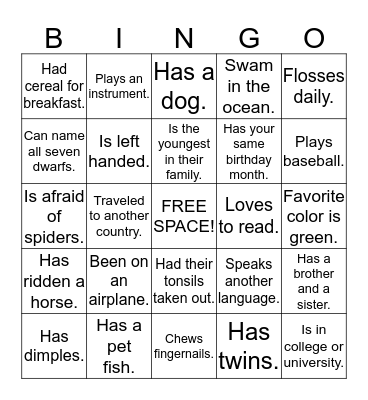 GET TO KNOW YOU BINGO Card