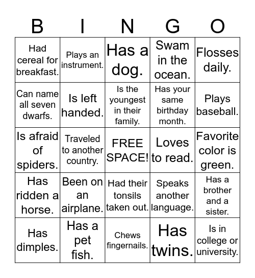 GET TO KNOW YOU BINGO Card