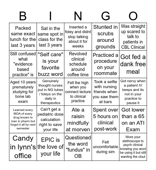 UVA 3rd Year Nursing BINGO Card