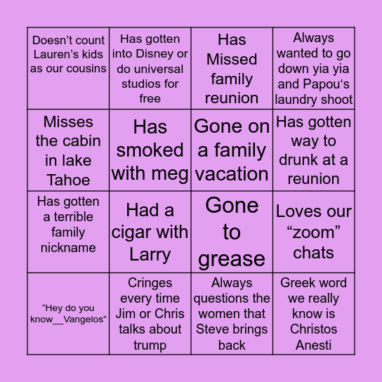 Vangelos bingo Card