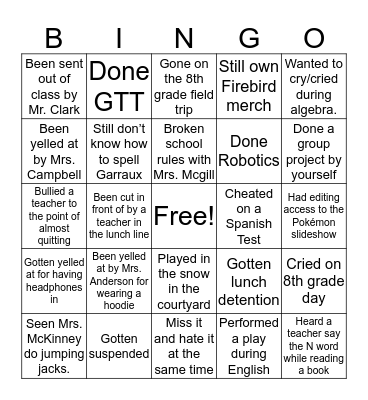 Fisher Bingo Card