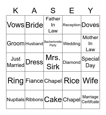 Future Mrs. Sirk Bingo Card