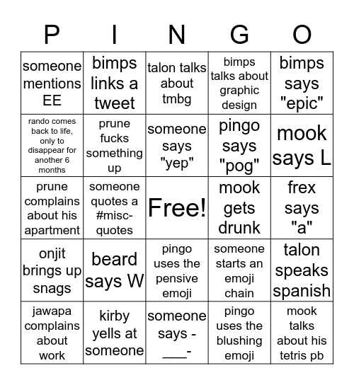 BEDWAR PINGO Bingo Card