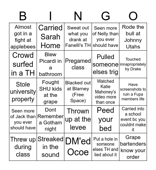 FUPA Bingo Card