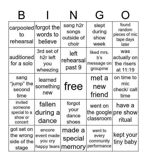 encore bingo Card