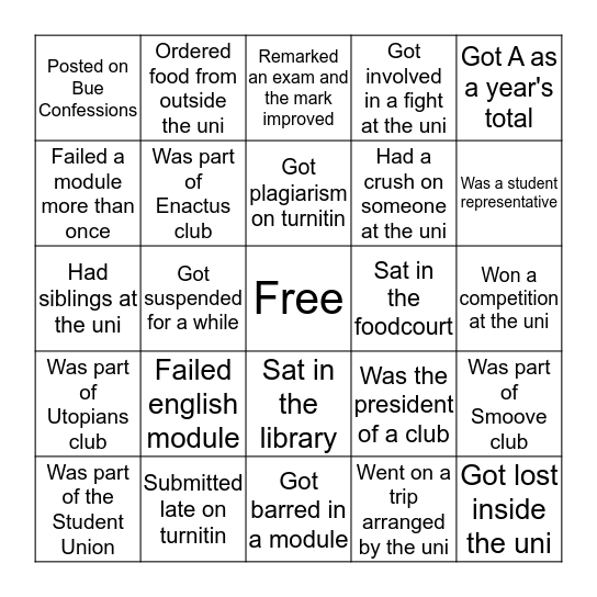 BUE Bingo Card