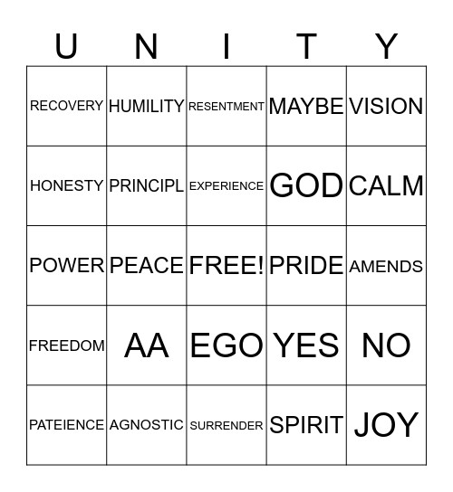 RECOVERY BINGO Card