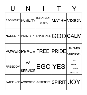 RECOVERY BINGO Card