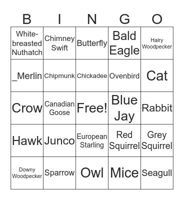 Spot a Creature in our Neighbourhood Bingo Card