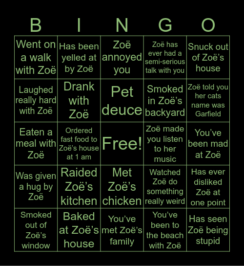 Zoë’s Bingo Card