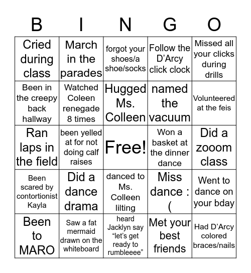 D’Arcy Irish Dance Bingo Card