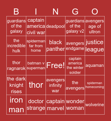 Superhero Movies Bingo Card