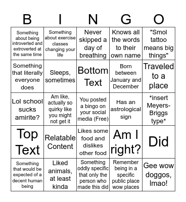 OMG Super Quirky Bingo oWo!! Bingo Card
