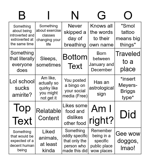 OMG Super Quirky Bingo oWo!! Bingo Card
