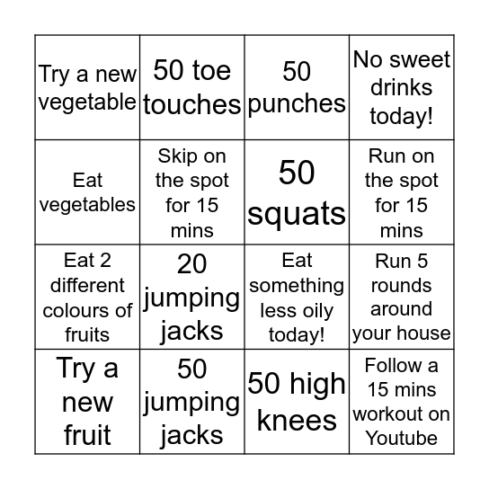 Fitness Challenge Bingo Card