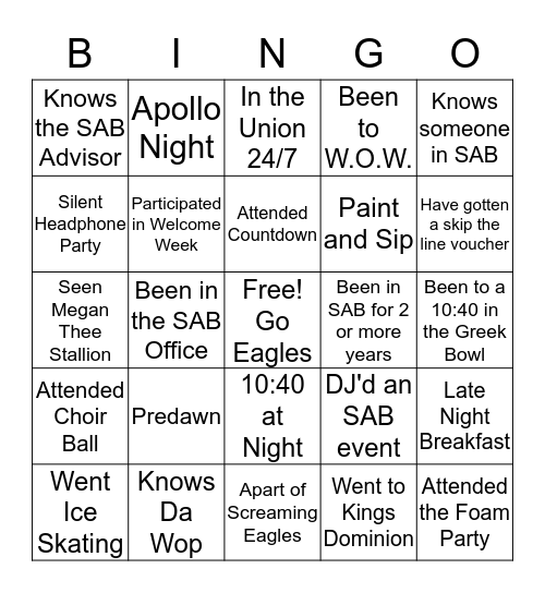 SAB Edition Bingo Card