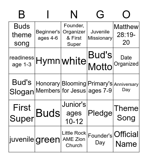 Buds of Promise Bingo Card