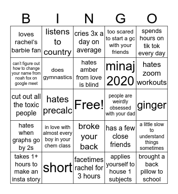 hannah Bingo Card