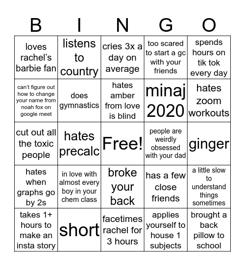 hannah Bingo Card