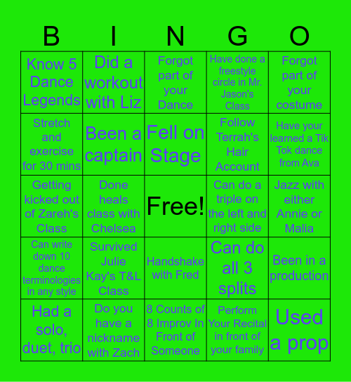 Revolution Dance Center Bingo Card