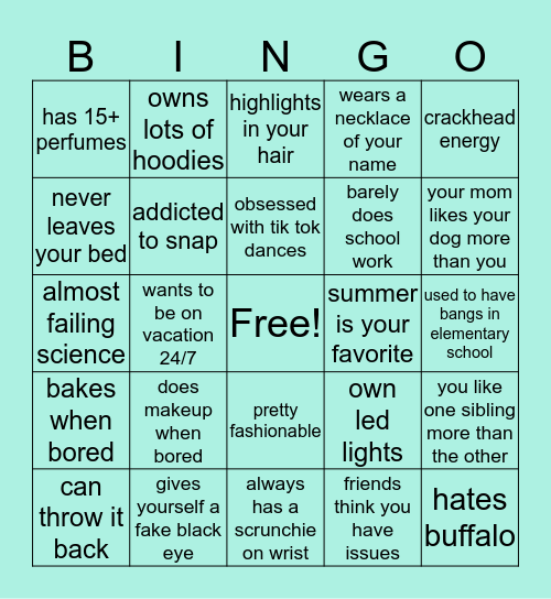 Isabella’s Bingo Card
