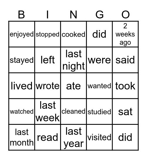 Past Tense Verbs Bingo Card