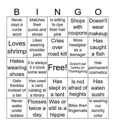 Beta Sigma Phi Bingo Card