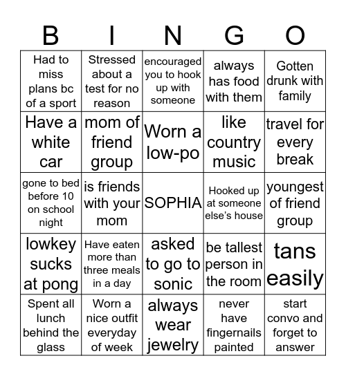 Sophia 🅱️ingo Bingo Card