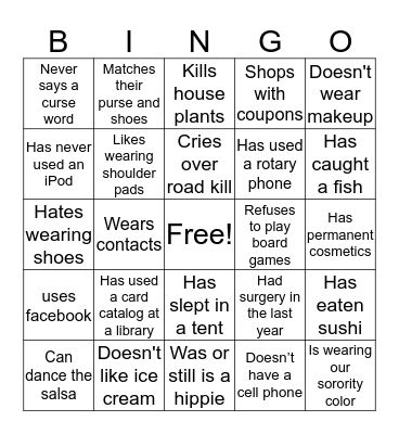 Beta Sigma Phi Bingo Card