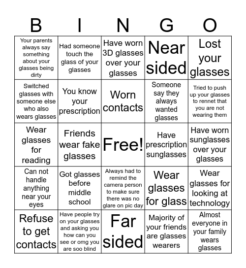 Glasses Bingo Card