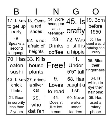 Beta Sigma Phi Bingo Card
