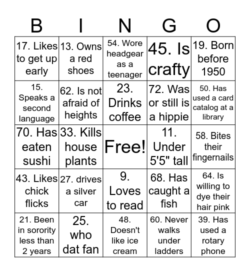 Beta Sigma Phi Bingo Card